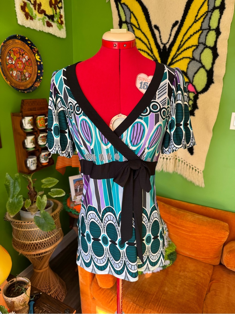 XOXO Teal, Aqua & Purple Wrap-Style Short Sleeve Top